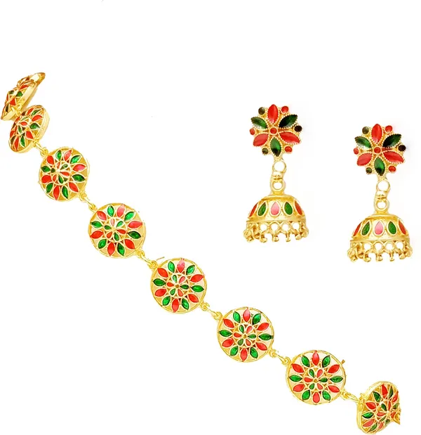 Assamese_Traditional_Red_Green_Colour_Japi_Design_Golpata_Necklace_Set_For_Women